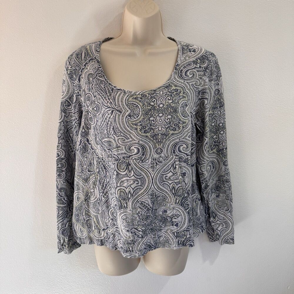 FLAX Shirt Blouse P / S 100% Linen Paisley Blue White Long Sleeve Pocket Artsy